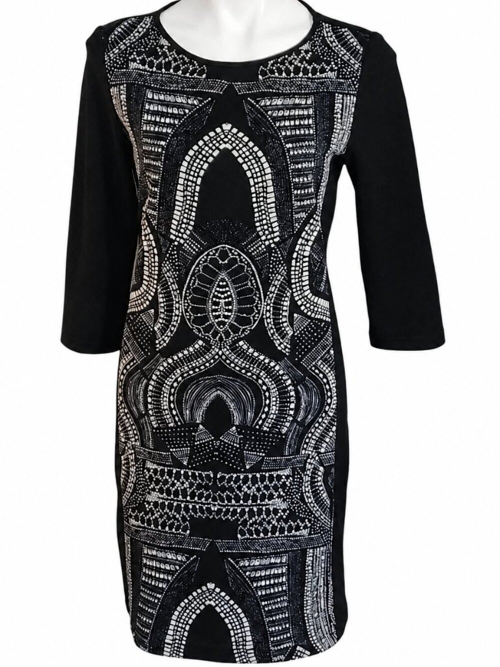 SMALL Black White Geometric Print 3/4 Sleeve Shift Sheath Dress Modern Style